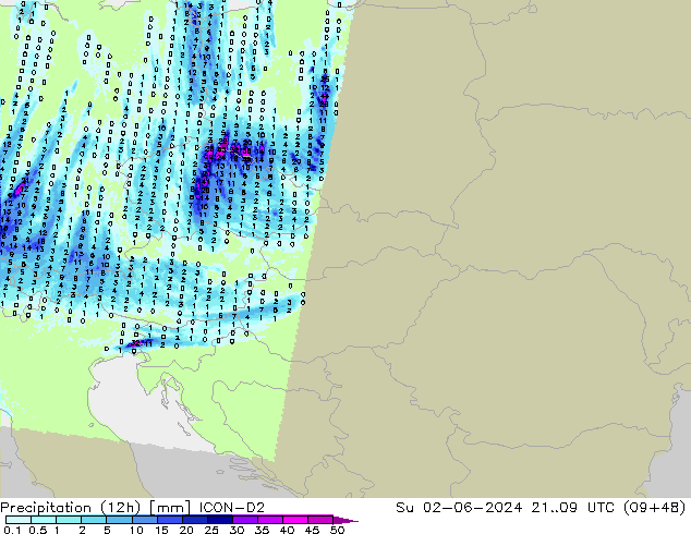 Precipitation (12h) ICON-D2 Su 02.06.2024 09 UTC