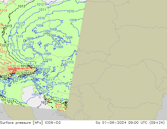 Surface pressure ICON-D2 Sa 01.06.2024 09 UTC