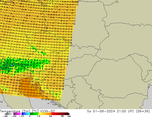 Temperature (2m) ICON-D2 Sa 01.06.2024 21 UTC