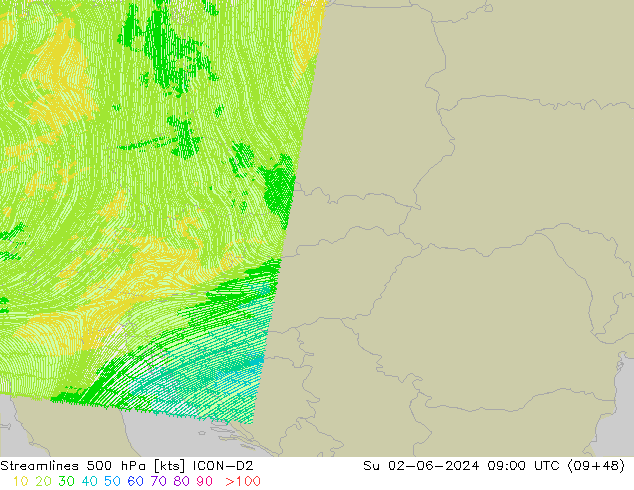 Ligne de courant 500 hPa ICON-D2 dim 02.06.2024 09 UTC