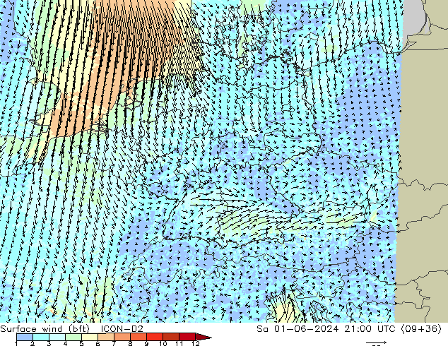  10 m (bft) ICON-D2  01.06.2024 21 UTC