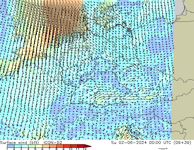  10 m (bft) ICON-D2  02.06.2024 00 UTC
