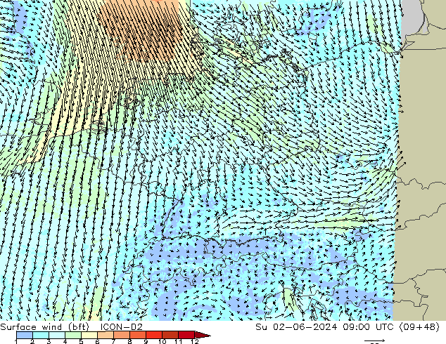 Surface wind (bft) ICON-D2 Ne 02.06.2024 09 UTC