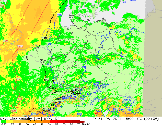 Max. wind velocity ICON-D2 ven 31.05.2024 15 UTC