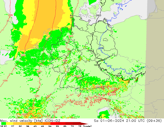 Max. wind snelheid ICON-D2 za 01.06.2024 21 UTC