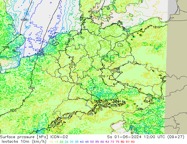 Isotachs (kph) ICON-D2 Sa 01.06.2024 12 UTC