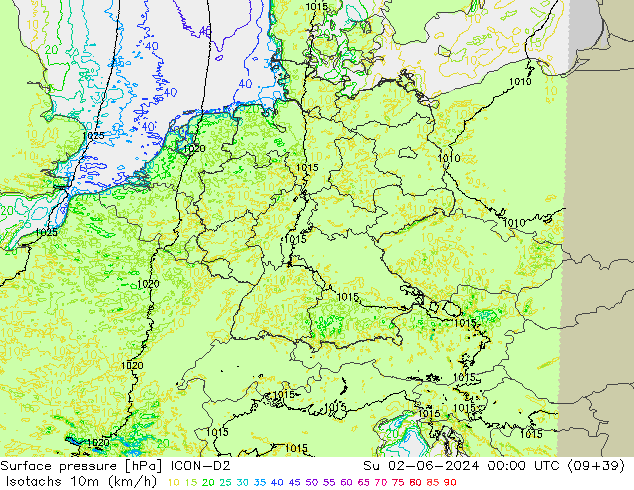 Isotachs (kph) ICON-D2 Su 02.06.2024 00 UTC