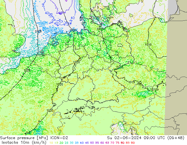 Isotachen (km/h) ICON-D2 So 02.06.2024 09 UTC