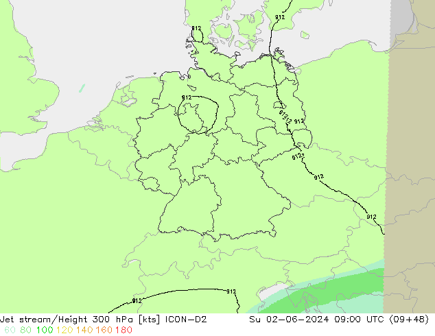 Corriente en chorro ICON-D2 dom 02.06.2024 09 UTC