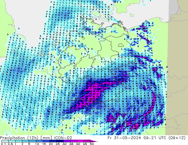 Precipitation (12h) ICON-D2 Fr 31.05.2024 21 UTC