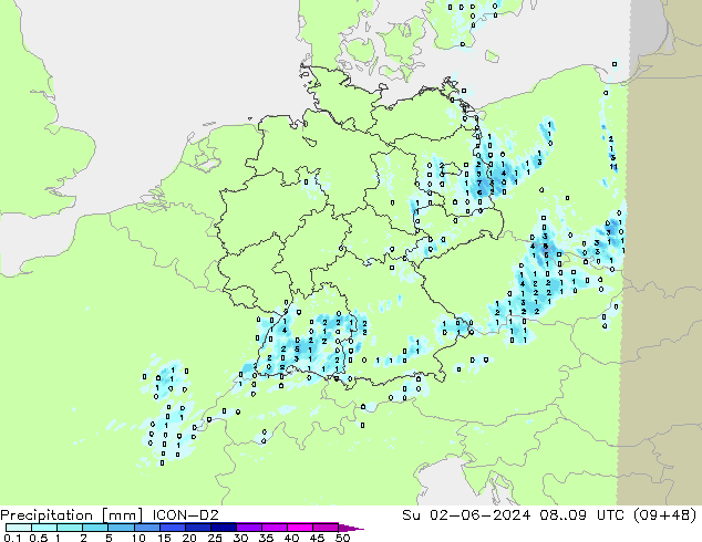 Srážky ICON-D2 Ne 02.06.2024 09 UTC