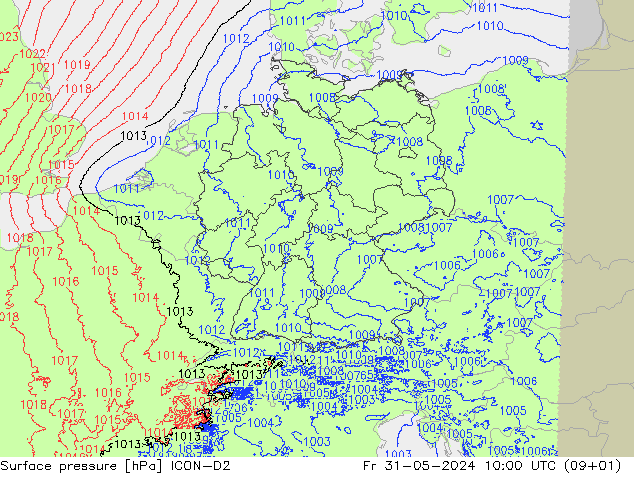 Atmosférický tlak ICON-D2 Pá 31.05.2024 10 UTC