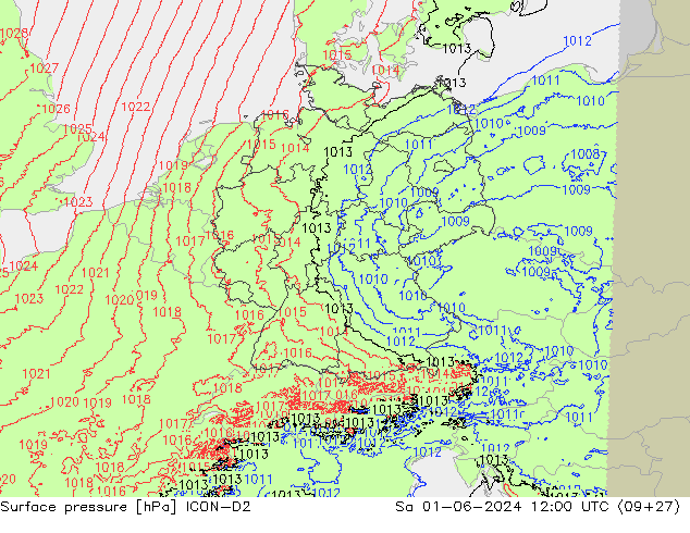 Surface pressure ICON-D2 Sa 01.06.2024 12 UTC