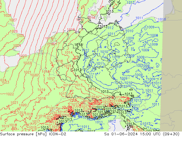Surface pressure ICON-D2 Sa 01.06.2024 15 UTC
