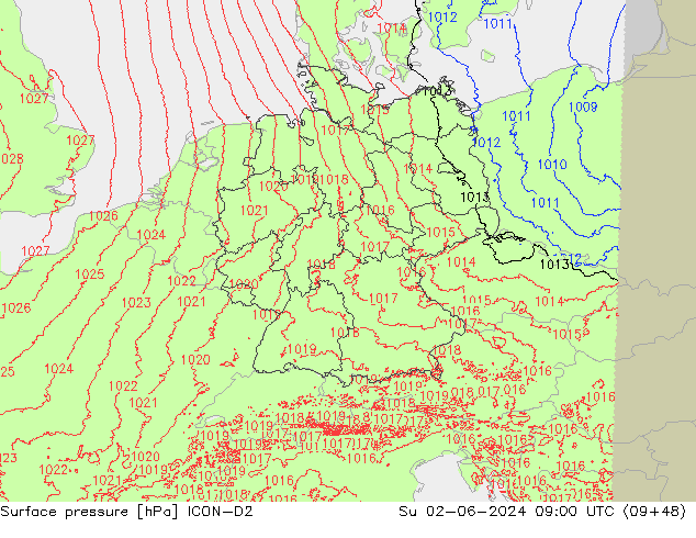 Surface pressure ICON-D2 Su 02.06.2024 09 UTC