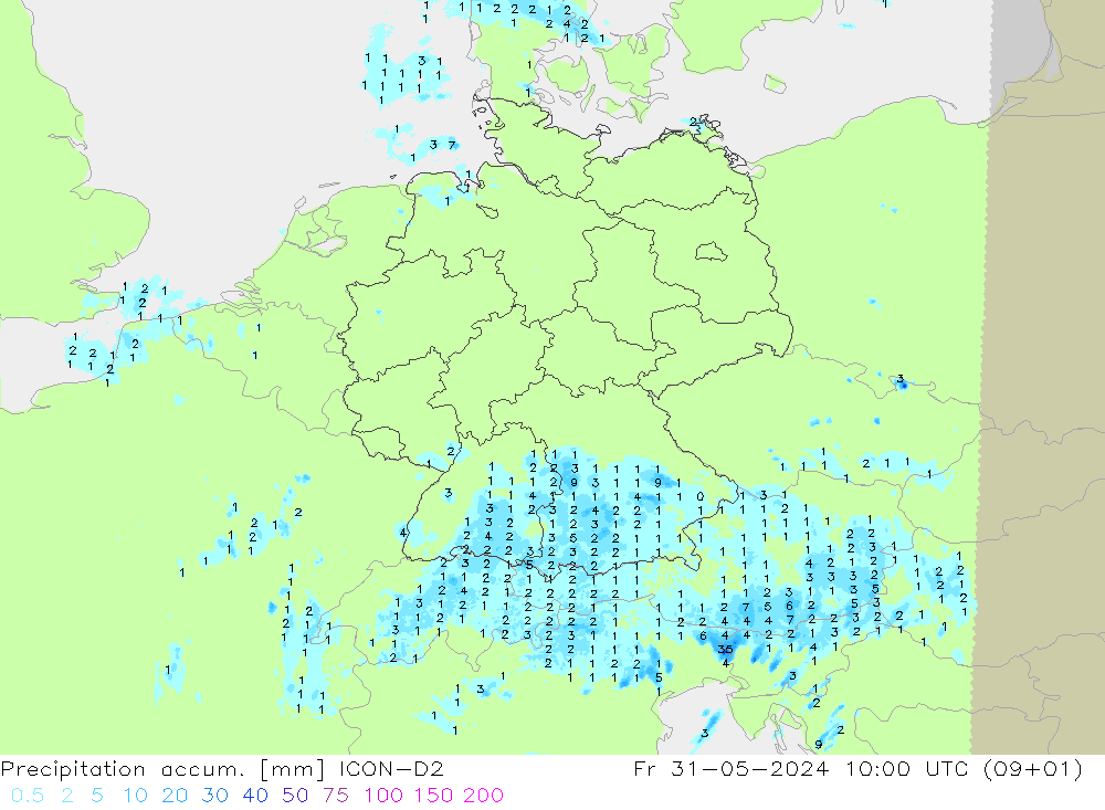 Precipitation accum. ICON-D2 星期五 31.05.2024 10 UTC