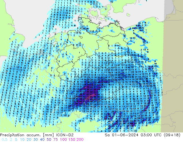 Precipitation accum. ICON-D2 sab 01.06.2024 03 UTC