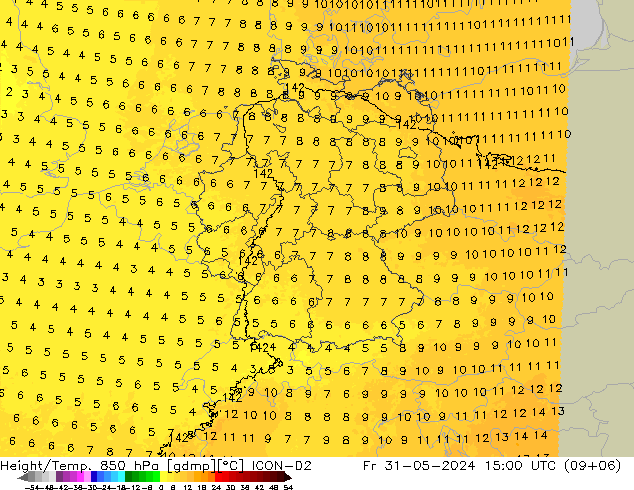 Height/Temp. 850 hPa ICON-D2 Fr 31.05.2024 15 UTC