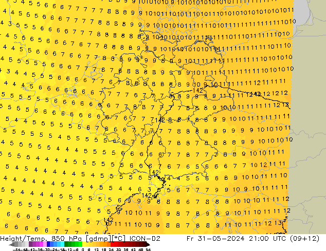 Height/Temp. 850 hPa ICON-D2 Fr 31.05.2024 21 UTC