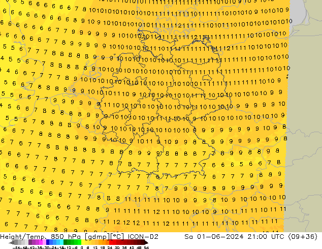 Height/Temp. 850 гПа ICON-D2 сб 01.06.2024 21 UTC