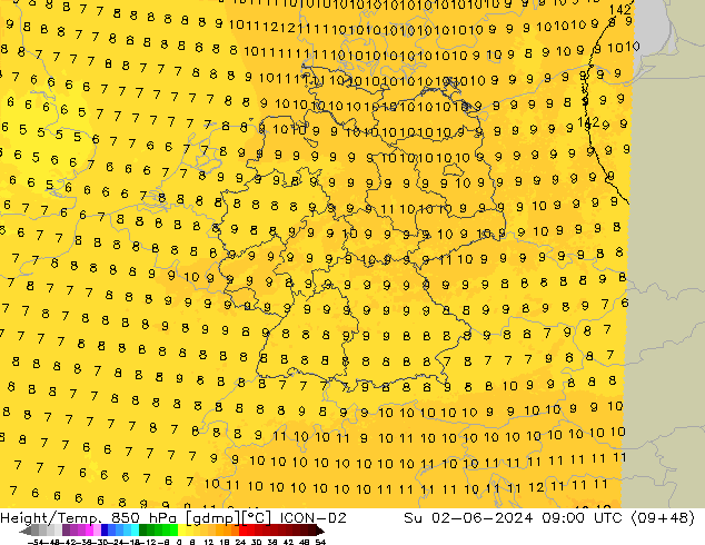 Hoogte/Temp. 850 hPa ICON-D2 zo 02.06.2024 09 UTC