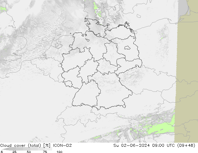 Cloud cover (total) ICON-D2 Su 02.06.2024 09 UTC