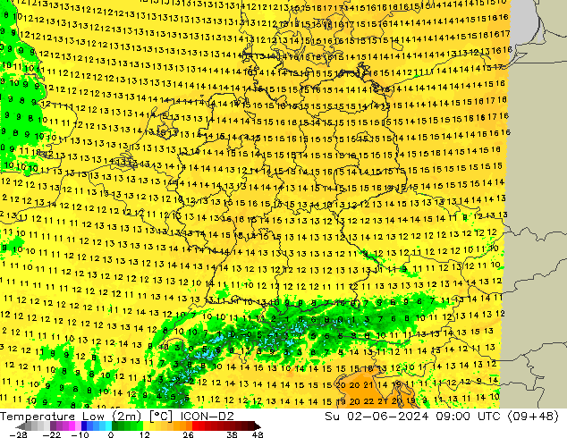 Min.temperatuur (2m) ICON-D2 zo 02.06.2024 09 UTC