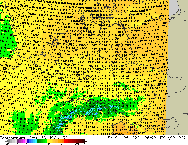 Temperaturkarte (2m) ICON-D2 Sa 01.06.2024 05 UTC