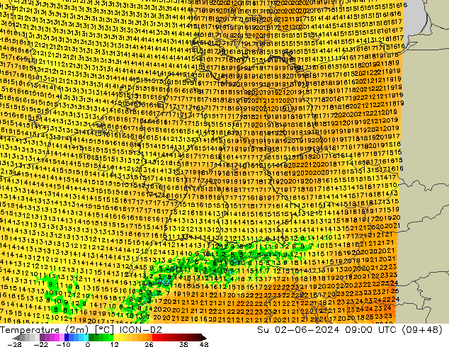 Temperatura (2m) ICON-D2 dom 02.06.2024 09 UTC