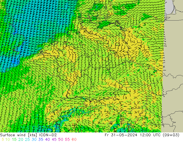 Surface wind ICON-D2 Fr 31.05.2024 12 UTC