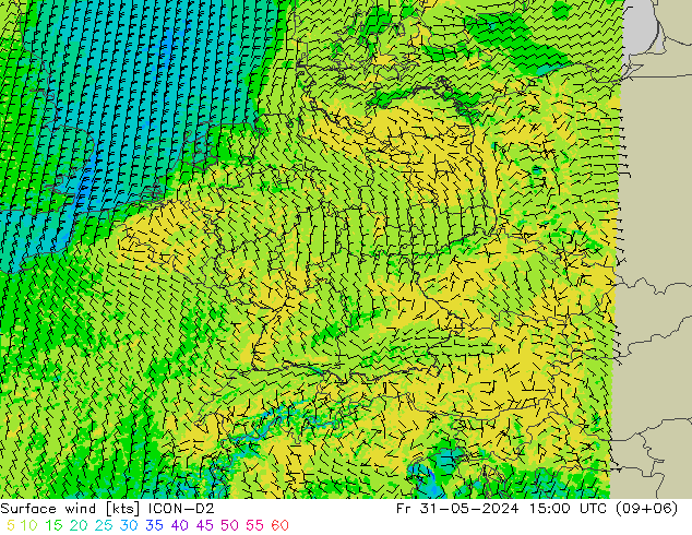 Surface wind ICON-D2 Fr 31.05.2024 15 UTC