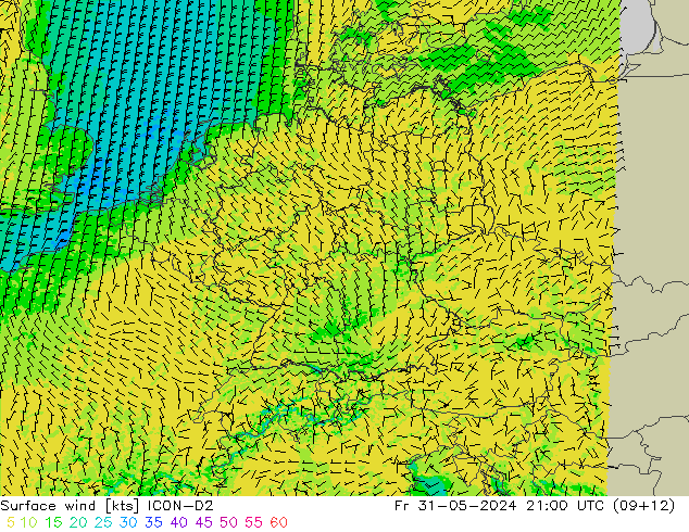 Surface wind ICON-D2 Fr 31.05.2024 21 UTC