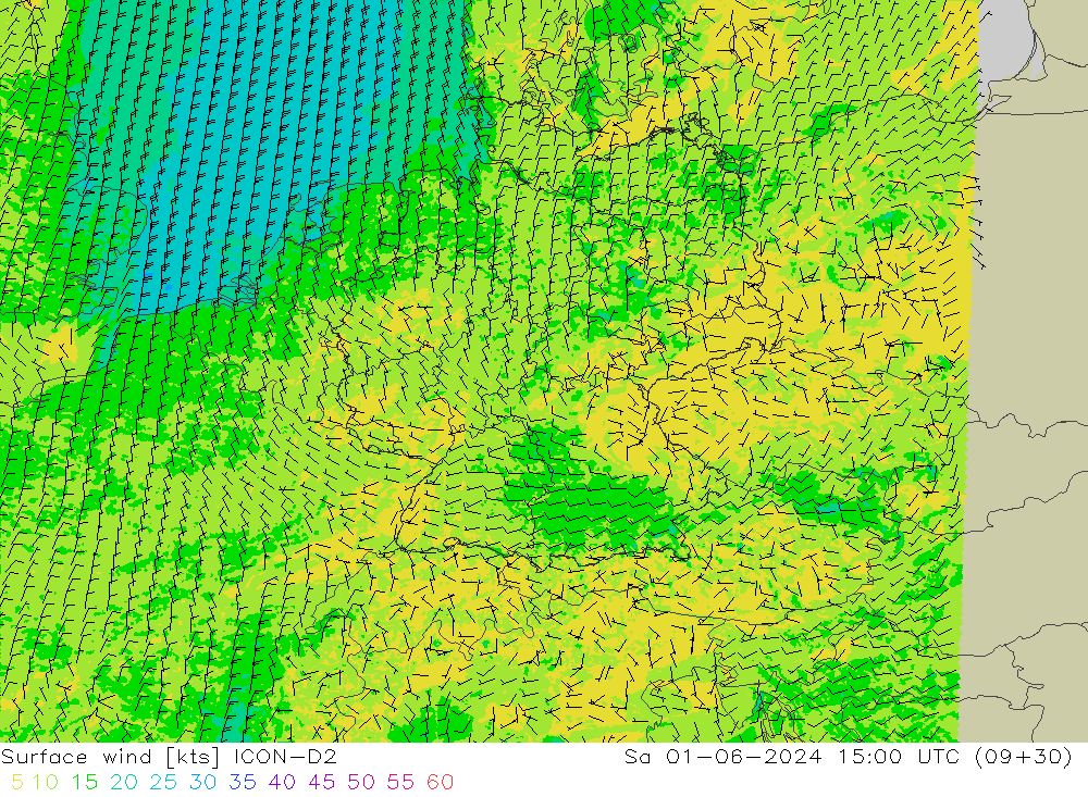 Surface wind ICON-D2 Sa 01.06.2024 15 UTC