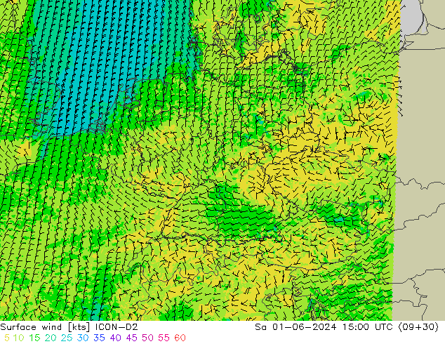 Wind 10 m ICON-D2 za 01.06.2024 15 UTC