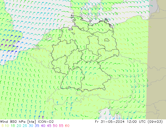 ветер 850 гПа ICON-D2 пт 31.05.2024 12 UTC