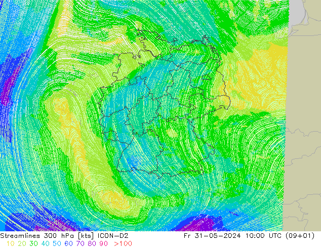 Stromlinien 300 hPa ICON-D2 Fr 31.05.2024 10 UTC