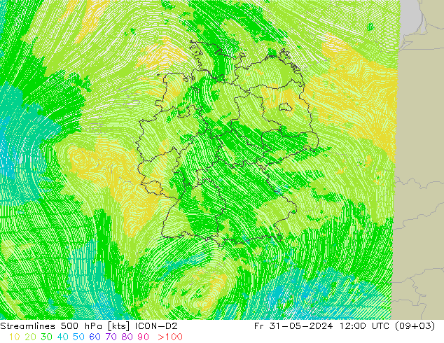 Linia prądu 500 hPa ICON-D2 pt. 31.05.2024 12 UTC