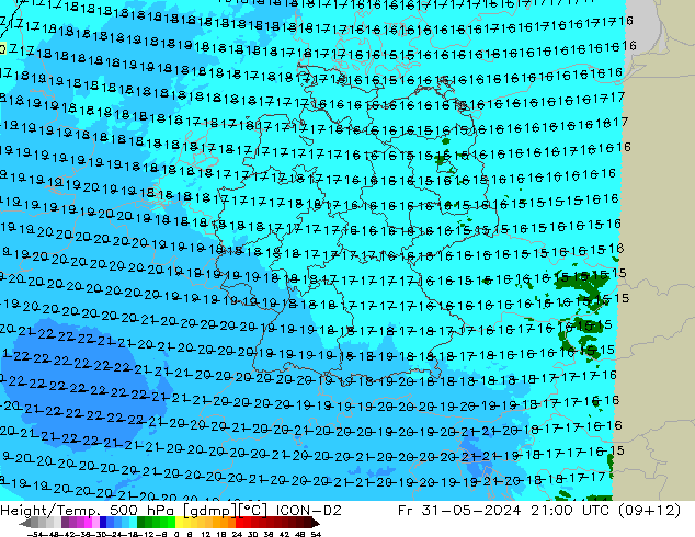 Géop./Temp. 500 hPa ICON-D2 ven 31.05.2024 21 UTC