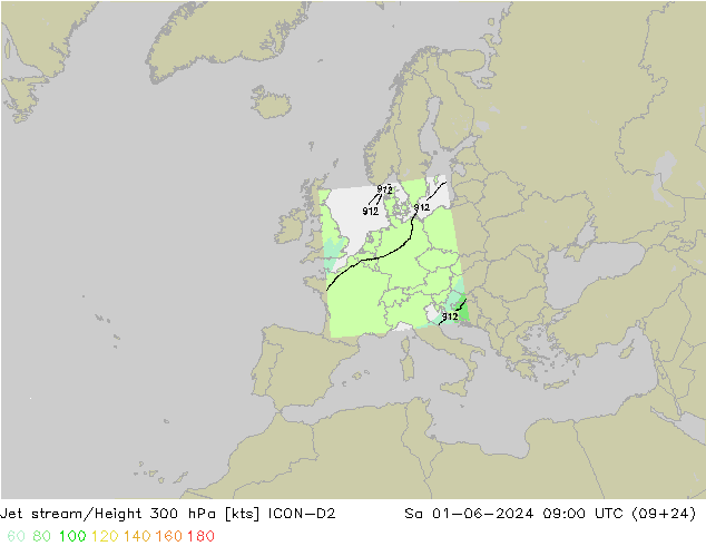 Jet stream ICON-D2 Sáb 01.06.2024 09 UTC