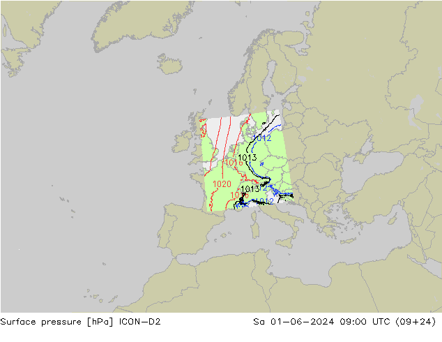 Presión superficial ICON-D2 sáb 01.06.2024 09 UTC