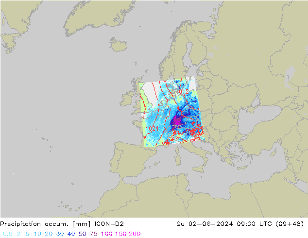 Precipitation accum. ICON-D2 Su 02.06.2024 09 UTC