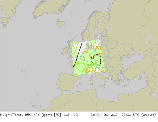 Height/Temp. 850 hPa ICON-D2 Sa 01.06.2024 09 UTC