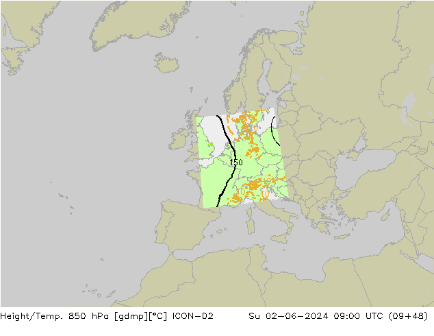 Hoogte/Temp. 850 hPa ICON-D2 zo 02.06.2024 09 UTC