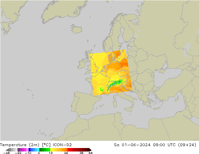 Temperature (2m) ICON-D2 Sa 01.06.2024 09 UTC