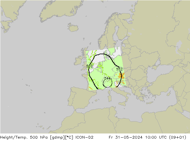 Height/Temp. 500 hPa ICON-D2 Fr 31.05.2024 10 UTC