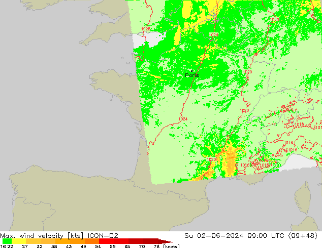 Max. wind velocity ICON-D2 Dom 02.06.2024 09 UTC