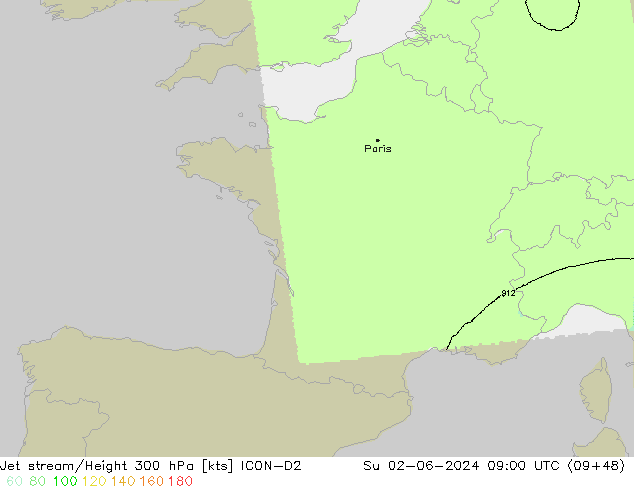 Jet stream/Height 300 hPa ICON-D2 Su 02.06.2024 09 UTC