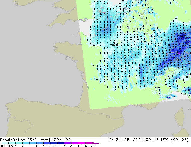 Totale neerslag (6h) ICON-D2 vr 31.05.2024 15 UTC