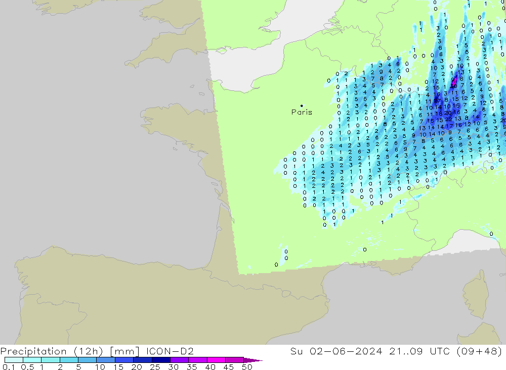 Precipitación (12h) ICON-D2 dom 02.06.2024 09 UTC