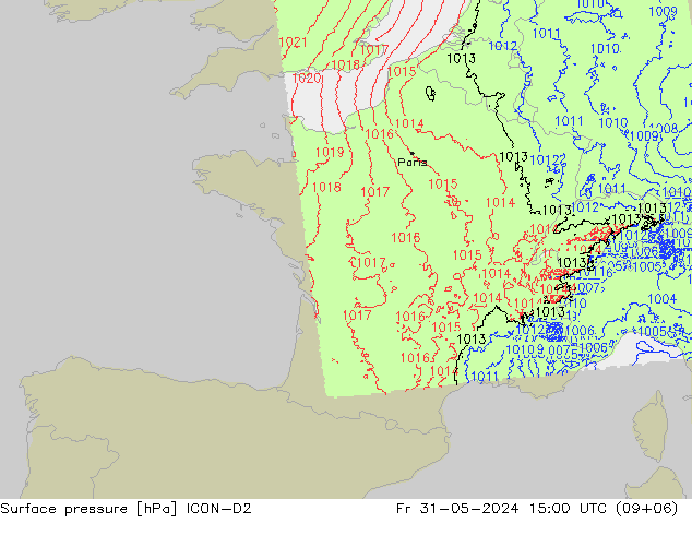 Pressione al suolo ICON-D2 ven 31.05.2024 15 UTC